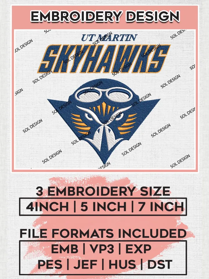 UT Martin Skyhawks Logo Machine Embroidery Design, NCAA UT Martin Skyhawks Embroidery Design Design files, NCAA Embroidery Designs, NCAA Machine Embroidery Designs, Digital Download