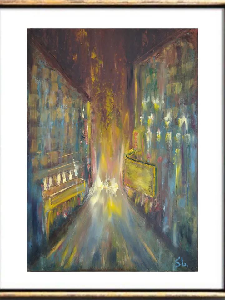 Oil painting with night city and lanterns, original art, night on the city streets, cardboard 12x8 inches