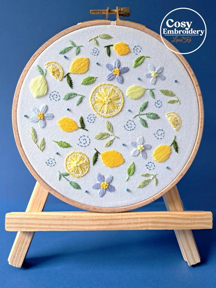 Floral Lemons Hand Embroidery Pattern Step-by-Step Tutorial for Beginners DIY Hoop Art Instant Download PDF Printable Pattern Unique Design
