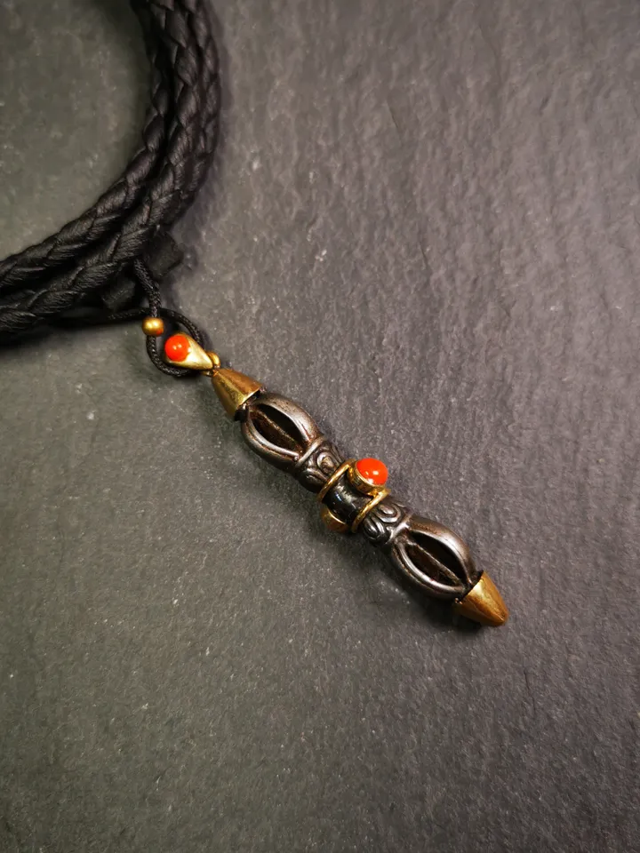 Gandhanra Tibetan Buddhist Amulet,Vajra Dorje Pendant, Made of Cold Iron,Inlaid with Agate,1.96&quot;