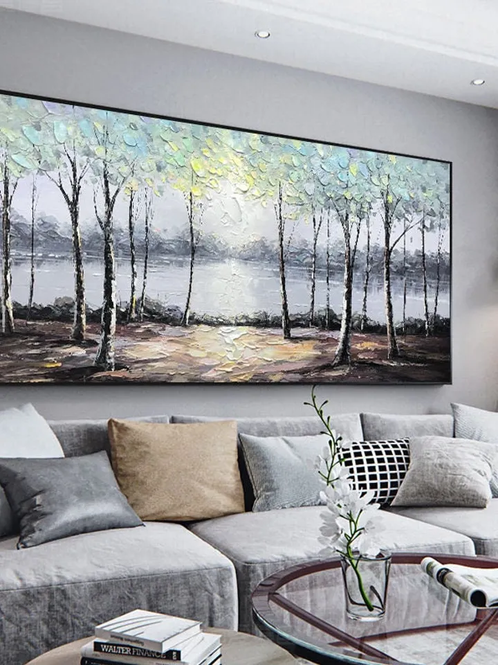 Large original oil painting on canvas,abstract art,riverside scenery,lake, trees,landscape,forest,nature,living room painting,large wall art