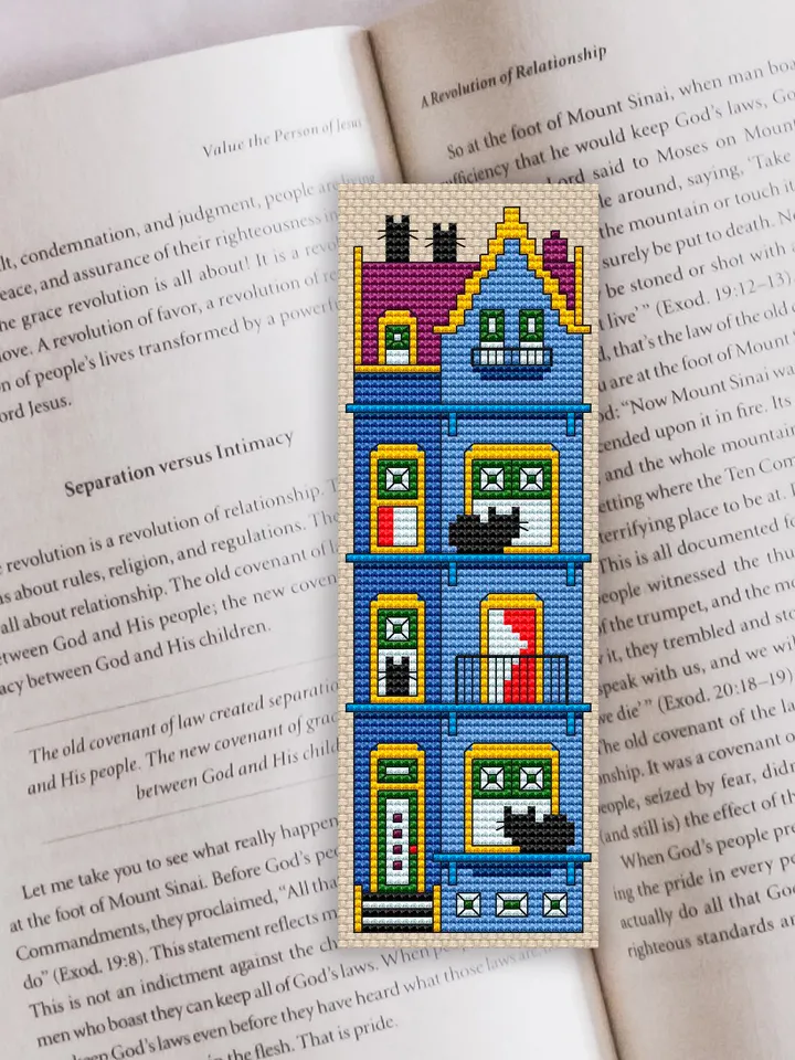 Cross stitch bookmark pattern Cat Cottage