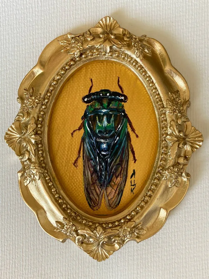 Framed Insect Oil Painting Original Entomology Art Cicada Painting Gold Frame Dark Academia