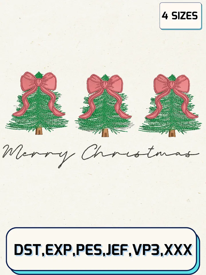 Merry Christmas Tree Embroidery Design Files,Christmas Embroidery Designs,Machine Embroidery Files,4 Sizes