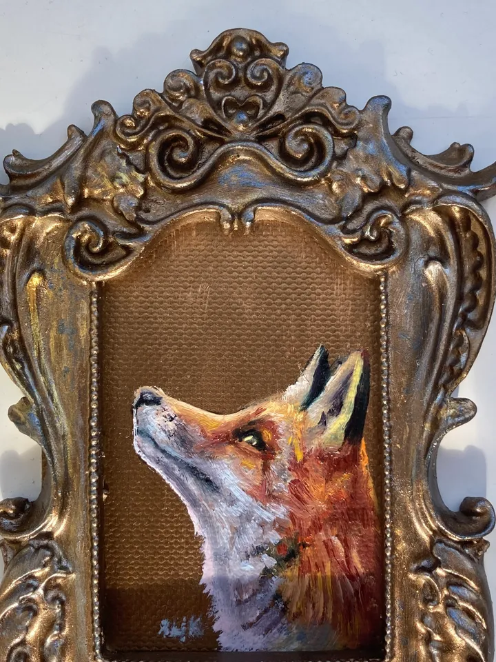 Fox Oil Painting Original In Vintage Style Frame Small Framed Animals Wildlife Art