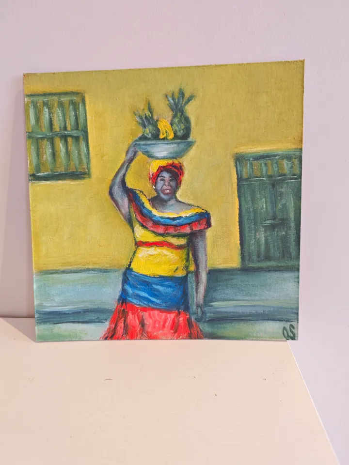 Latina Original Painting Colombian Woman Original Art Bright Latina With Fruits Modern Artwork Woman Bright Dress Wall Decor 8 x 8 inches by OlgaSokolovaArt