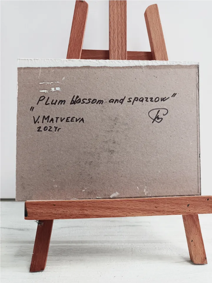 Painting "Sparrow and blossoming plum"/acrylic painting, cardboard 6x8". Author's handmade.