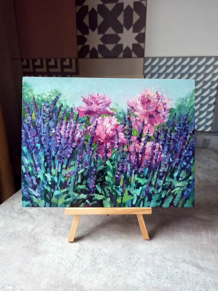 Sage and Peonies, Garden flowers, Original oil painting on art cardboard 18x24cm