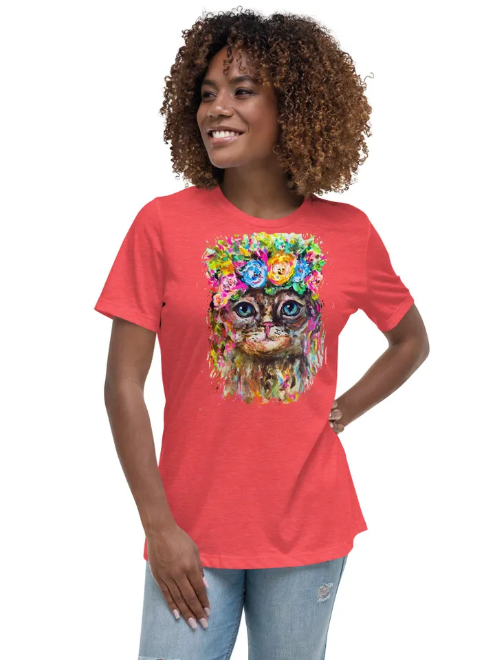Cat in flowers Women's Relaxed T-Shirt made with my original watercolour mix media painting