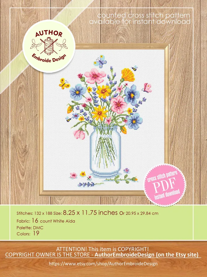 Wildflower bouquet cross stitch pattern PDF download Watercolor wildflowers cross stitch, Wild flowers in mason jar pattern digital PDF #P56