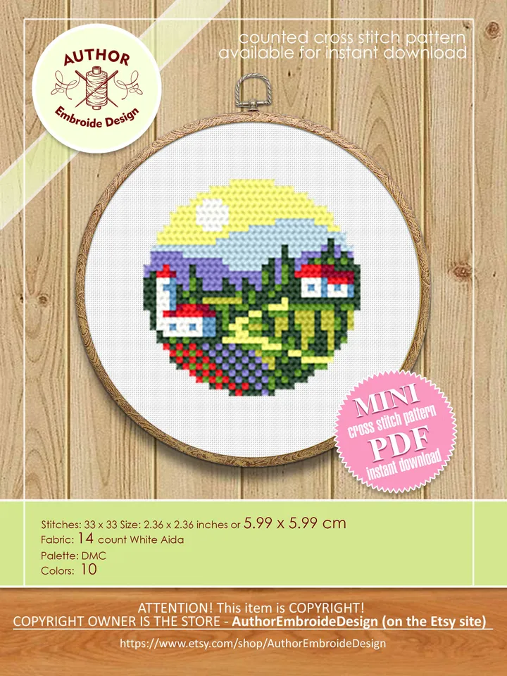 Small cross stitch pattern download PDF Italy village cross stitch Nature landscape embroidery PDF Tiny picture cross stitch beginner #L20