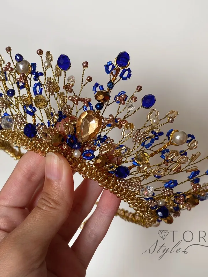 Gold and Blue crown, Gold crown, Gold tiara, Gold blue tiara, Diadem, wedding crown, Wedding headpiece, a crown for a princess, a children's tiara
