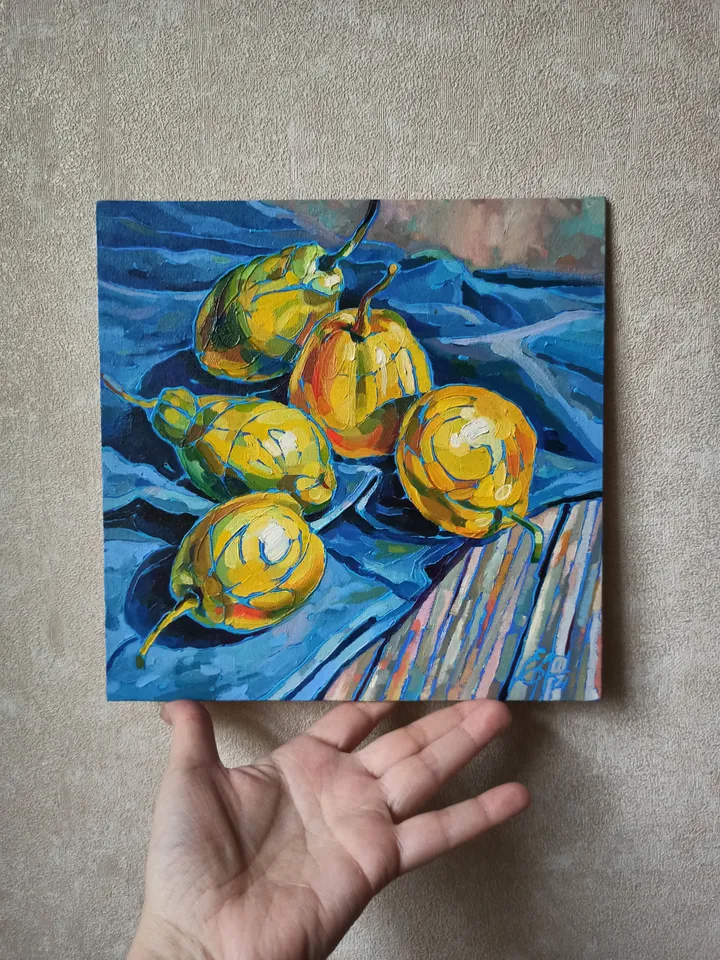 Bright still life with fruits, Pears, Original oil painting, canvas on cardboard 25x25 cm, Kitchen decor