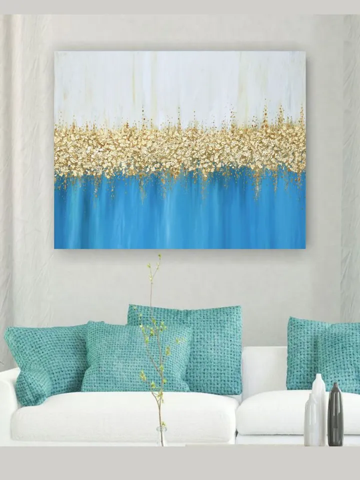 Gold and Blue Turquoise Abstract Wall Art Gold leaf Painting on Canvas | Modern Abstract painting Above bed decor