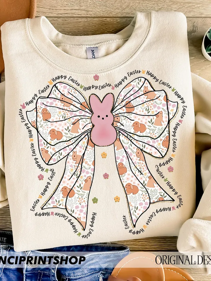 Bunny Coquette easter png, Floral easter bow png, happy easter png, easter coquette png, bunny bow png, Girls Easter, Retro Easter png