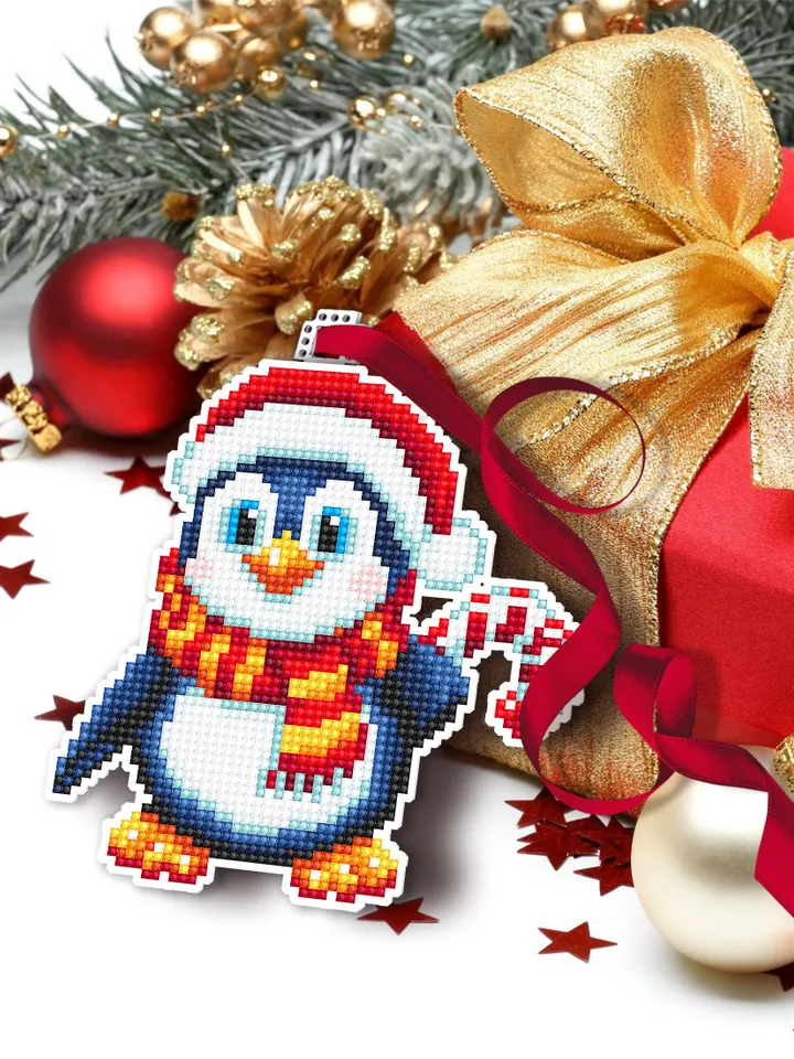 Christmas penguin cross stitch pattern PDF download Double-sided Christmas tree decor for plastic canvas Baby penguin ornament pattern #N124