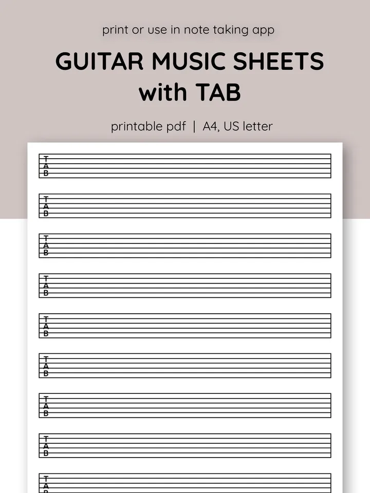 Printable guitar tab paper. Blank guitar tab printable. Guitar tablature paper. Blank guitar music sheet with TAB clef