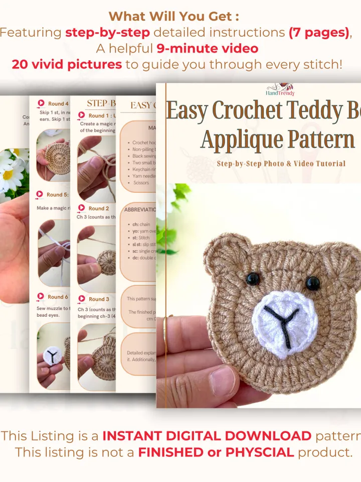 Easy Crochet Teddy Bear Applique Pattern | Cute Moon Bear Pattern for Baby Blankets and Keychains