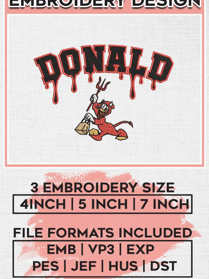 Devil Donald Duck Drop Name Embroidery designs, Disney Character Machine embroidery designs, Halloween embroidery files, Trick Or Treat Machine Embroidery Digitized Pes Files, Digital Download