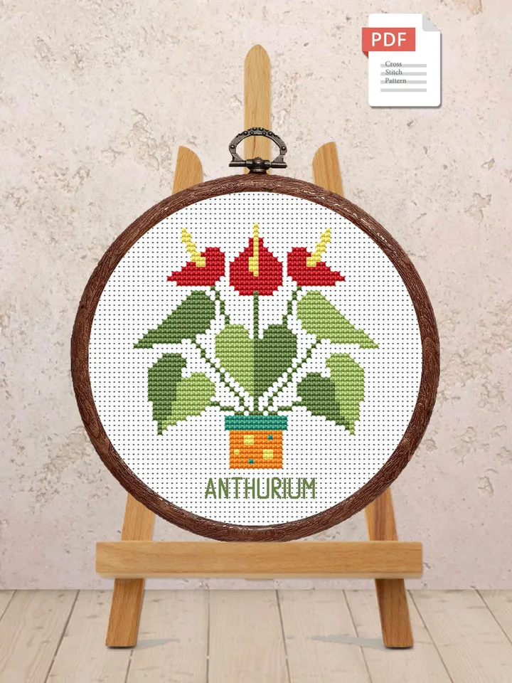 Anthurium Cross Stitch Pattern, Flower Cross Stitch Pattern, Embroidery Anthurium, Flowers xStitch, Potted Flowers Cross Stitch #flw005