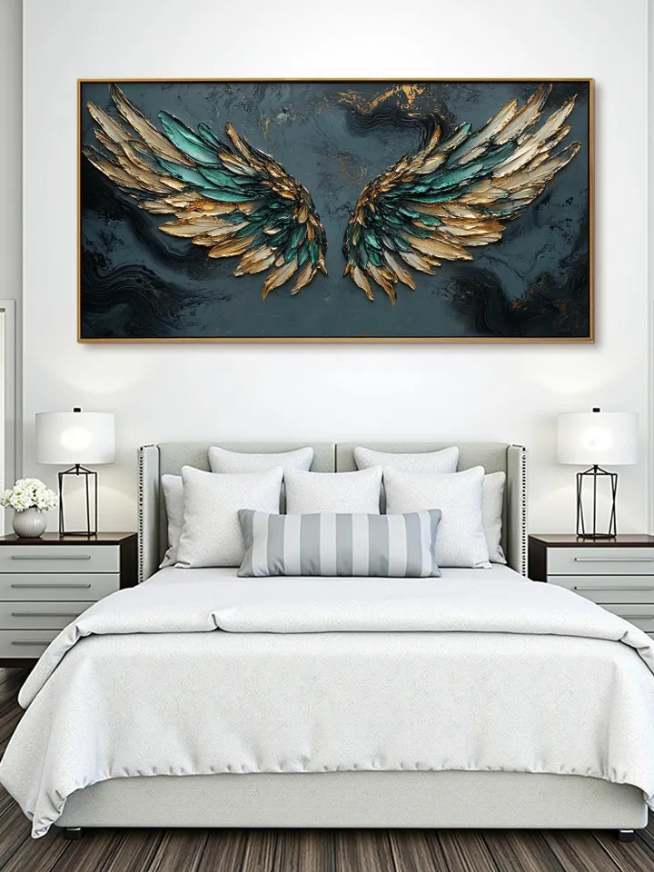 Large Emerald Green & Gold Angel Wings Impasto Painting, Textured 3D Wall Art, Original Abstract Art, Unique Home Decor, Office Wall Decor