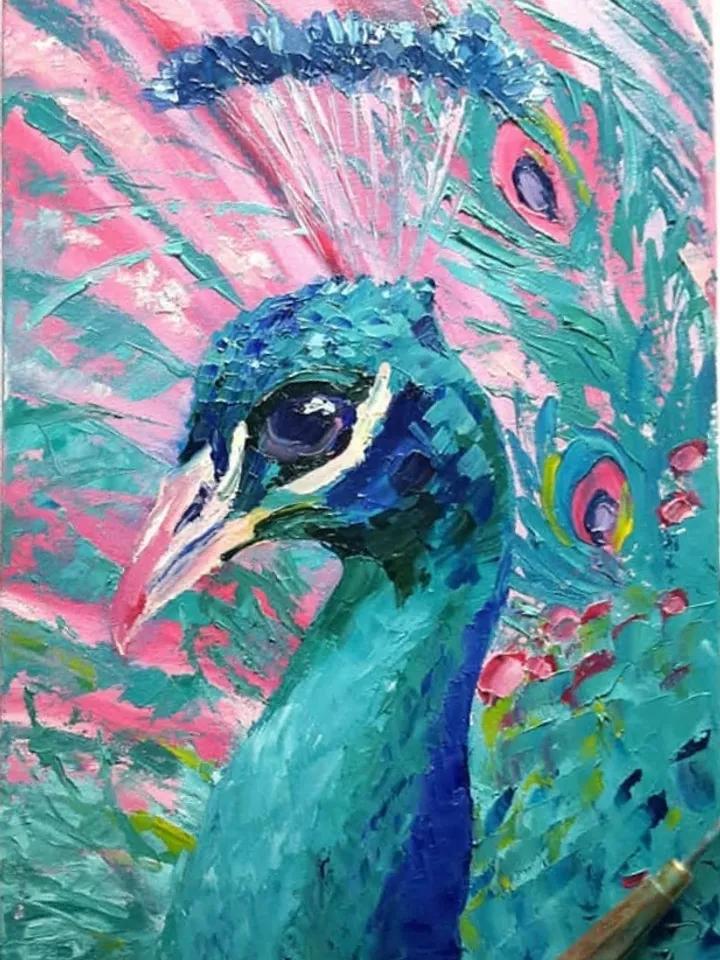 Peacock Original Oil Painting Impasto Bird Artwork