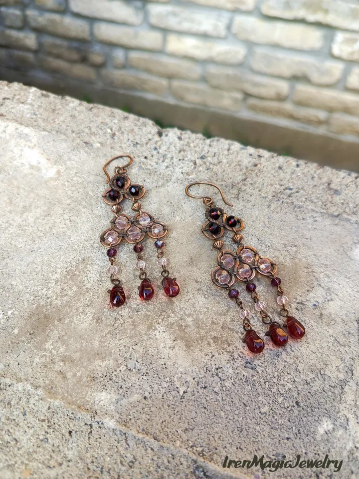 Handmade Copper Boho Earrings with Pink and Burgundy Beads