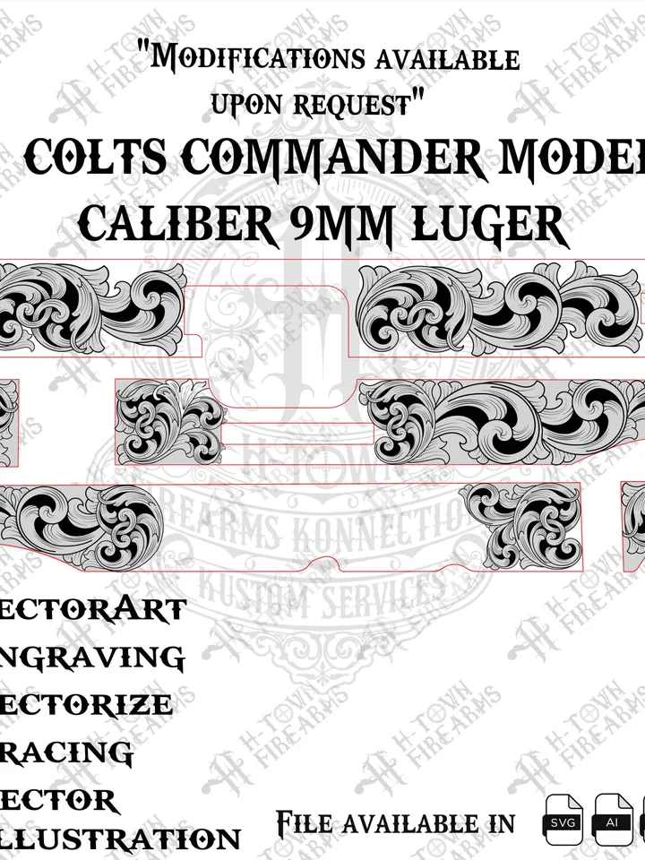 Colt Commander 9mm Luger Scroll Engraving | Compact Slide Vector Design | Laser Svg PNG EPS AI | Custom Engraving Art