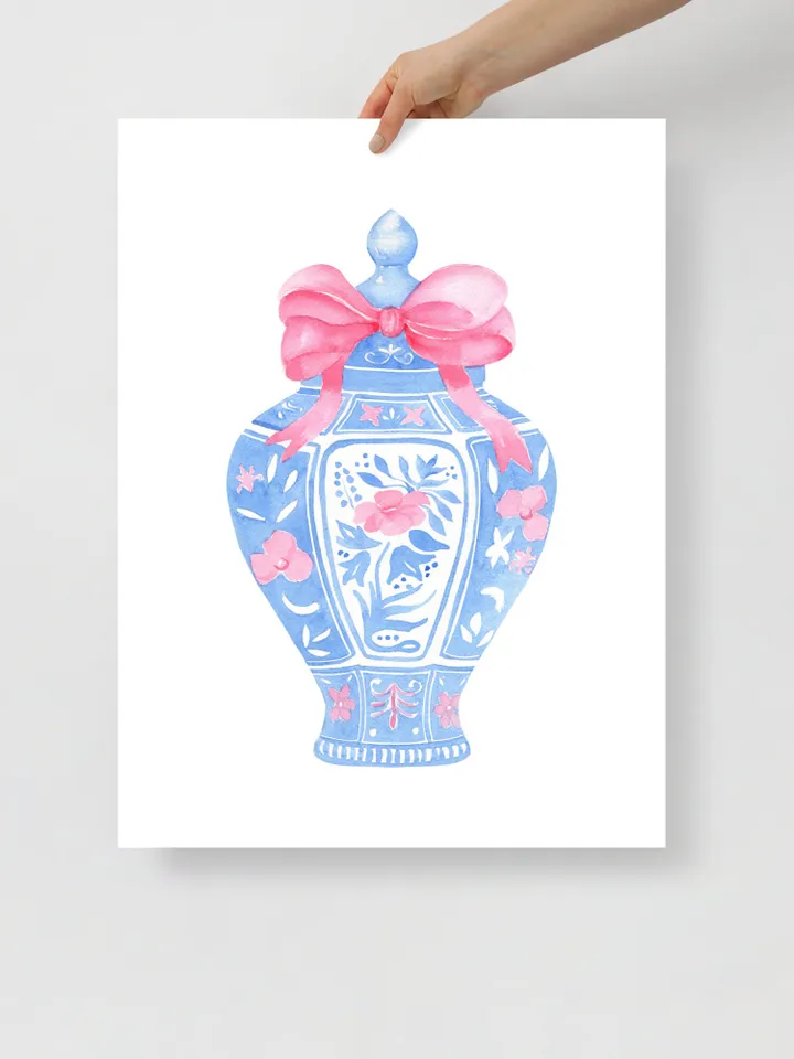 Blue Chinoiserie Vase,Digital Download, Set Of 2, Watercolor Painting With Pink Bow, Pink Ginger Jar, Blue And White Vase