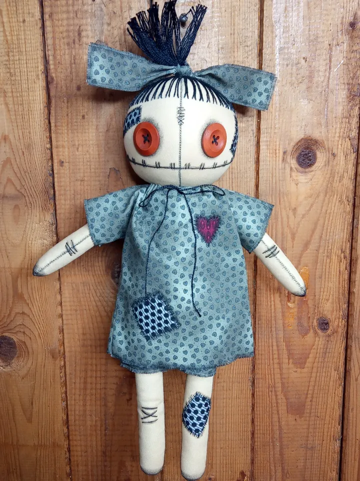 Handmade Doll With Button Eyes (Green Dots)