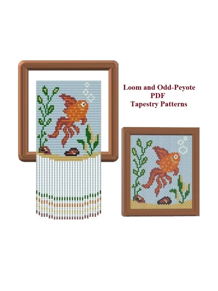 Loom & Odd-Peyote stitch "Gold fish" Small Tapestry Pattern, Beaded Mini Banner Pattern, seed bead pattern, PDF instant download
