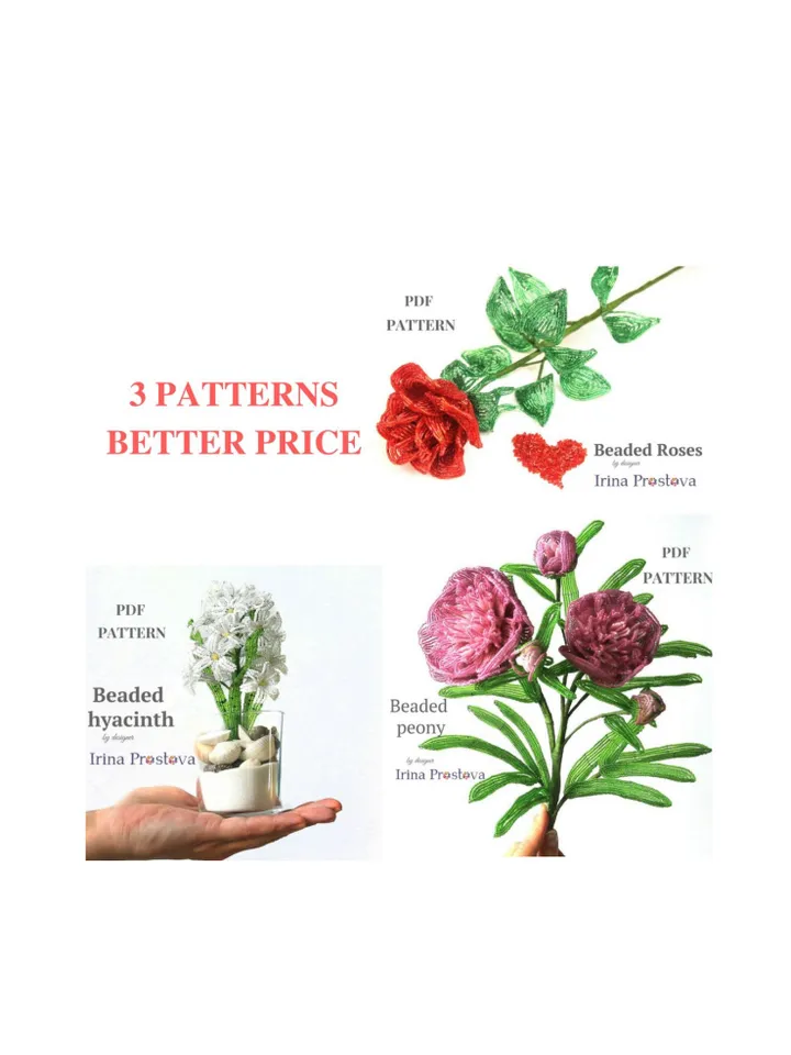 Beaded Peony, hyacinth, rose | Beaded Flowers pattern  | Seed bead patterns | Beadwork pattern