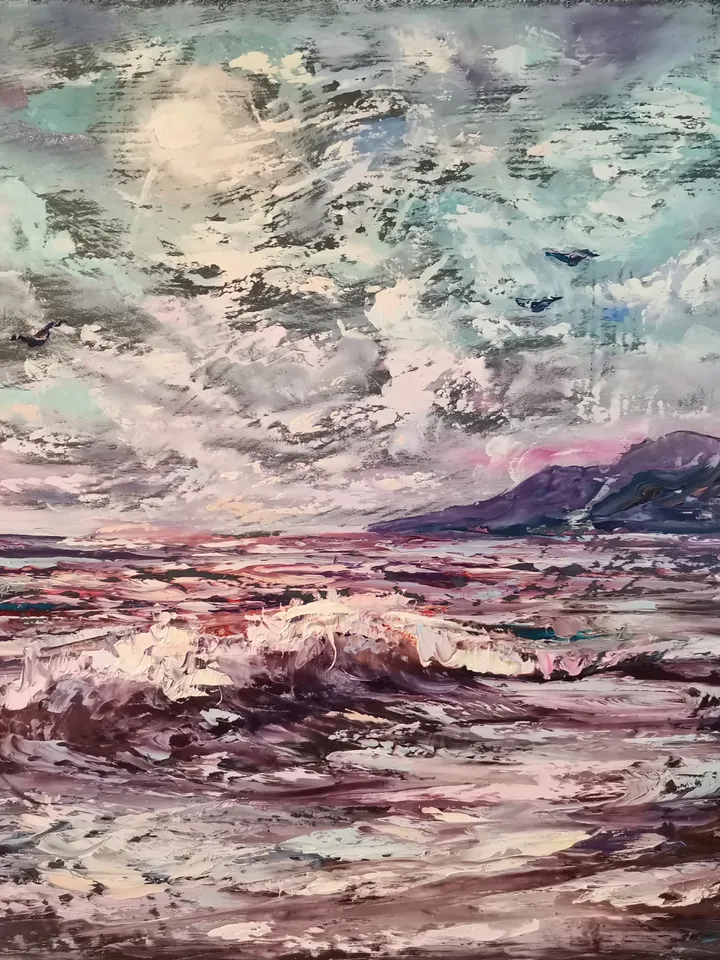 Moon Night Mountains Sea Wave Original Art Oil Painting Artist Svinar Oksana