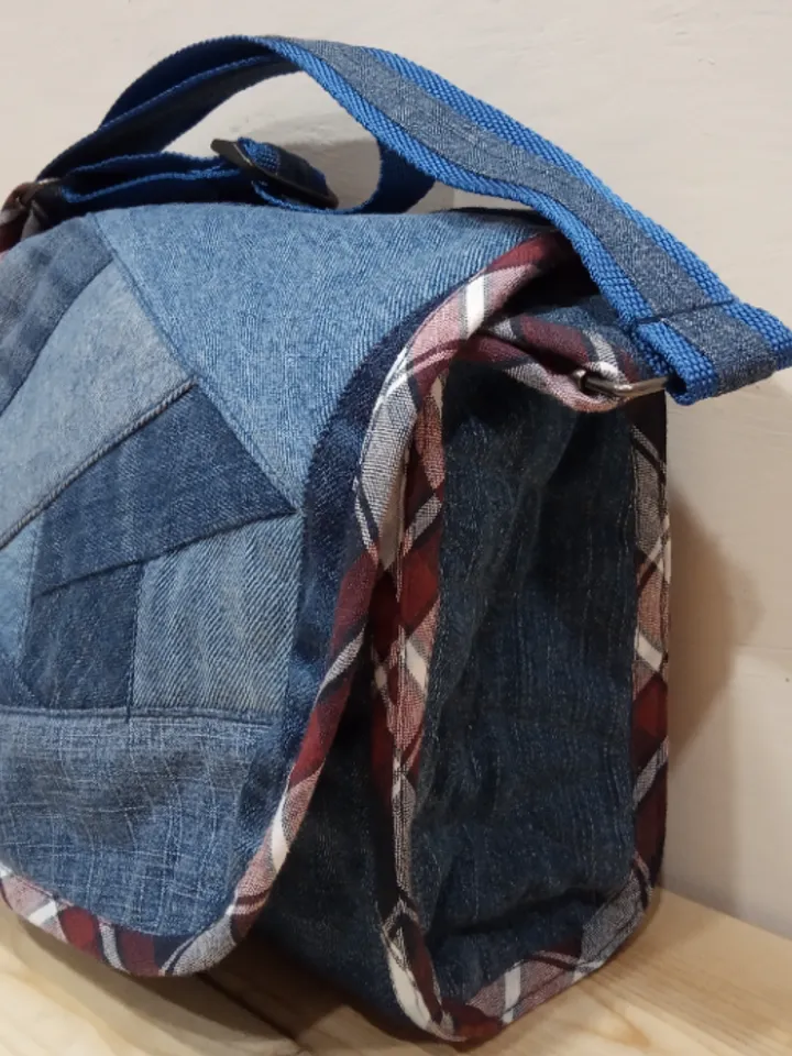 Shoulder denim handbag . Handmade bag, recycled jeans bag, crossbody bag with a crazy pechwork flap