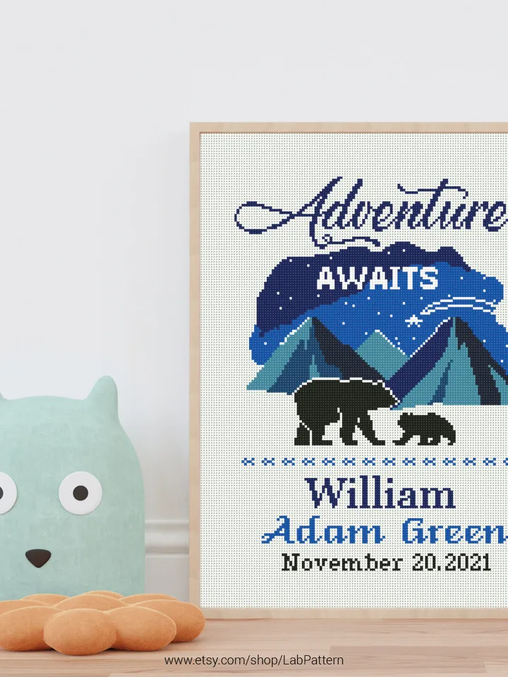Birth announcement cross stitch pattern, Adventure awaits, baby, personalized, boy girl nursery decor, gift DIY, embroidery, instant PDF