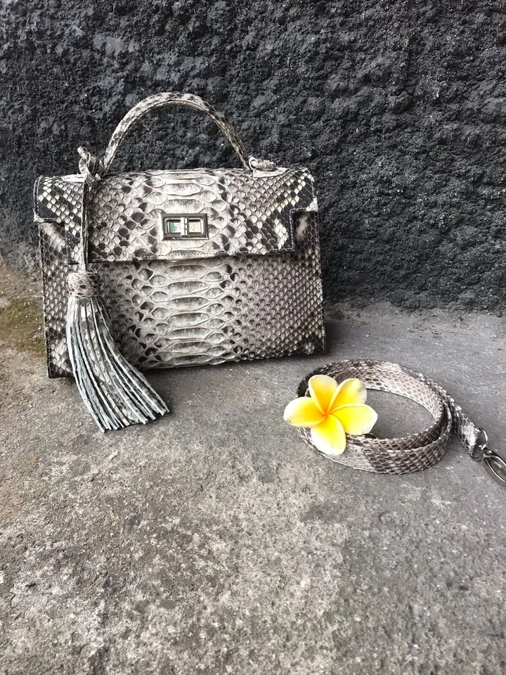 Top handle grey classy genuine python skin bag | exotic leather bags | Elegant everyday women purse | snake skin bag | designer leather bag