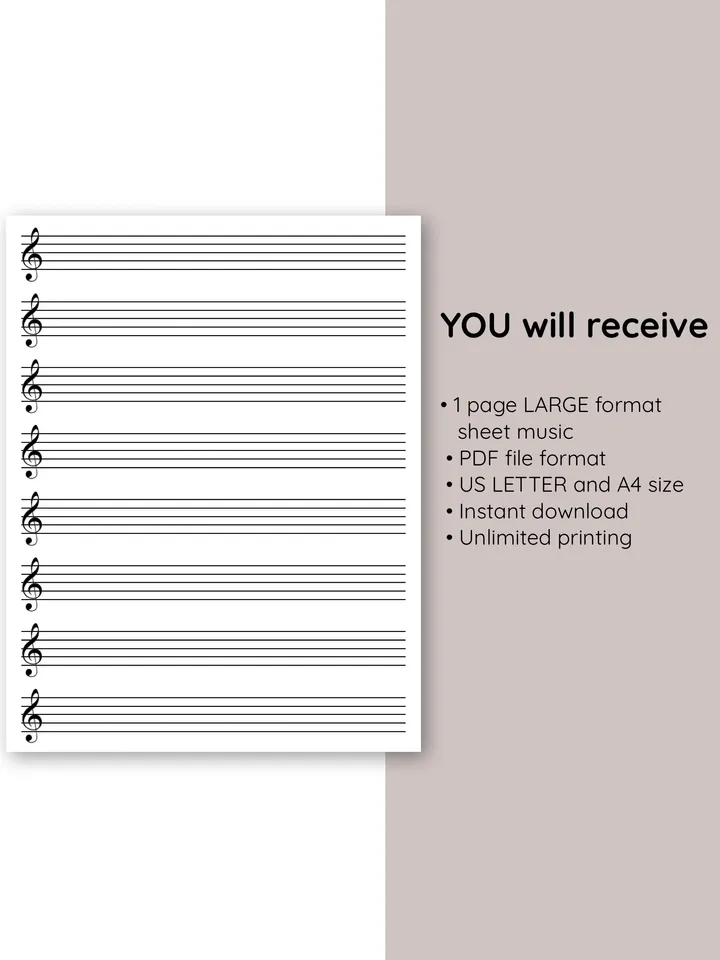Kids printable sheet music. Sheet music with treble clef. Piano staff paper. Blank music paper. Learn piano.