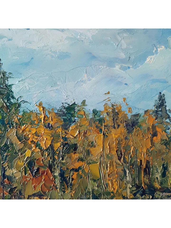 Sunlit Trees Painting 8x12" Autumn Forest Landscape ORIGINAL ART Impressionist Artwork hand painted by artist Marina Chuchko