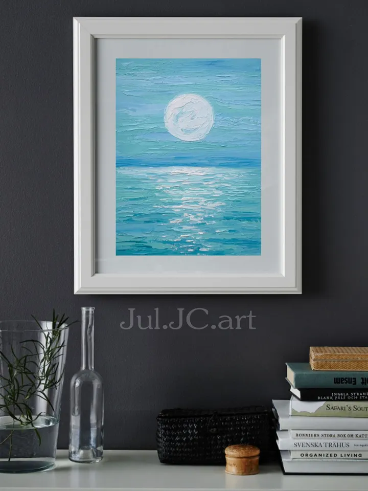 Moonlit night original art Seascape oil painting Blue Turquiose ocean wall art