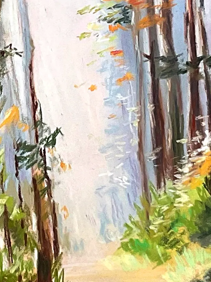 Sunlit Forest Pastel Painting by IrenFantasyArt – 12x16 Original Landscape on Pastelmat – Woodland Path Wall Art