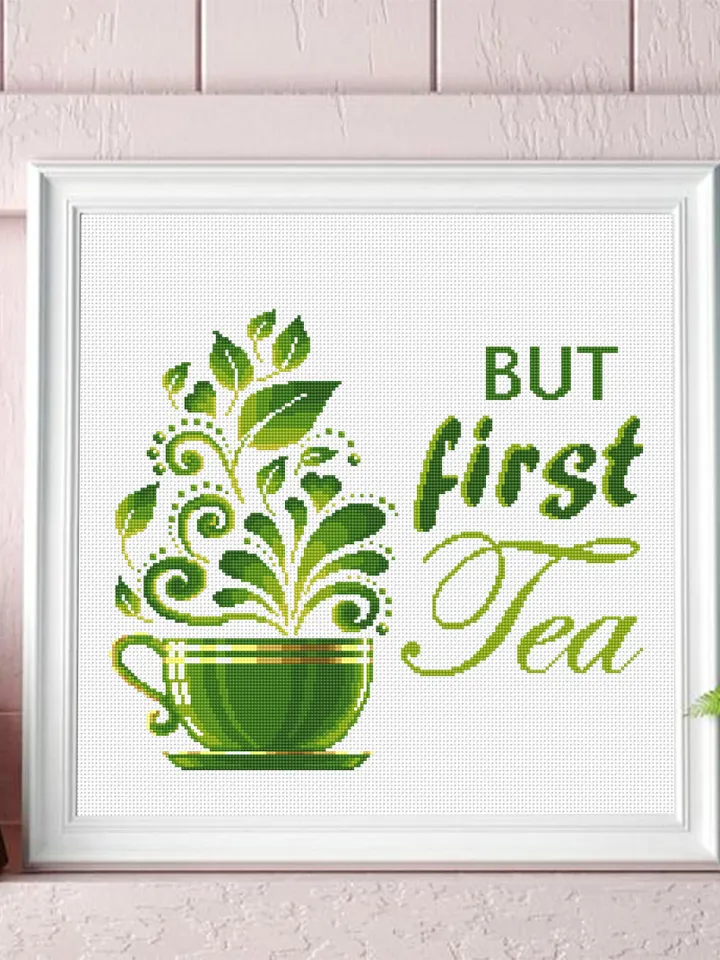Herbal tea cup cross stitch pattern But first tea Instant download PDF, Tea quote cross stitch chart, Modern tea sampler, Tea lover gift #Q9
