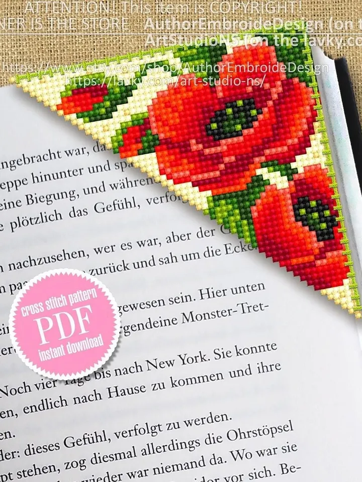 Corner bookmark poppies cross stitch pattern PDF download Red poppy flower cross stitch chart, Floral bookmark corner digital PDF #B194