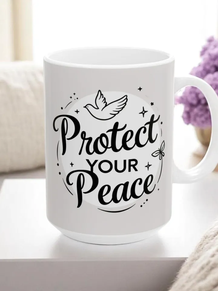Protect Your Peace Ceramic Mug, Inspirational Coffee Cup, Self-Care Gift, Motivational Tea Mug, Mindfulness Present, Cozy Drinkware