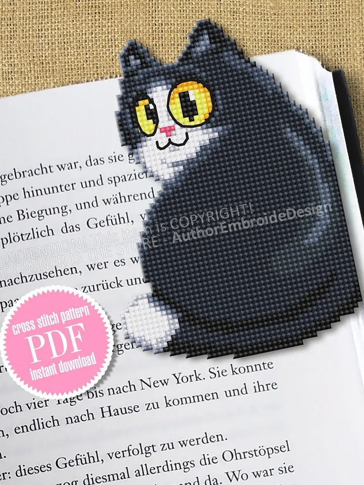 Black cat Corner bookmark cross stitch pattern download PDF Cat cross stitch chart, Cat bookmark digital pattern PDF, Cat lover gift #B260