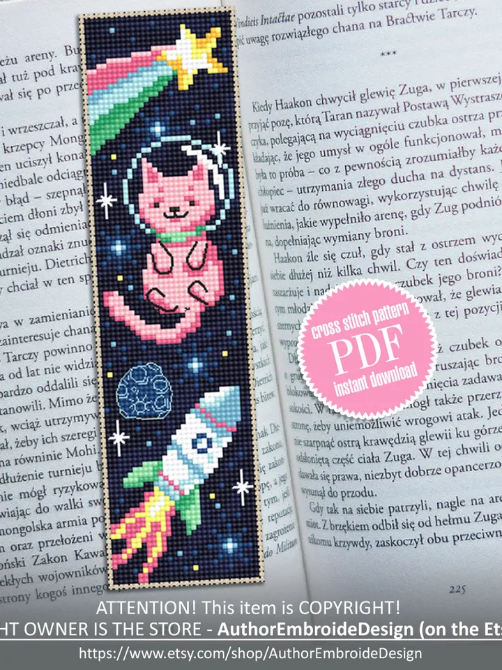 Cat in space bookmark cross stitch pattern PDF download Cute galaxy cat cross stitch chart, Handmade bookmark digital, Cat lover gift #B198