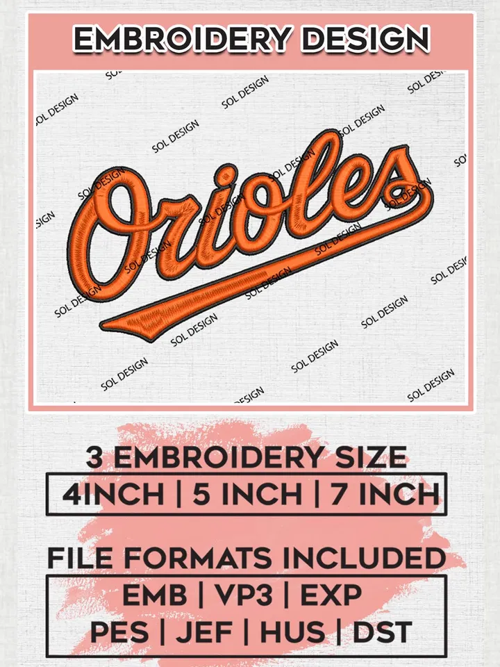 MLB Orioles Logo Embroidery Files, MLB Baltimore Orioles Team Embroidery, MLB Teams, 3 sizes, MLB Machine embroidery designs, Digital Download