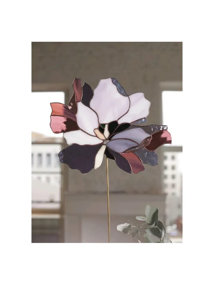 Peony. Stained Glass on a Stand, Peony Stained Glass Sculpture, Peony Tiffany Glass Panel on a Stand, Decorative Peony Glass Flower on a Brass Base, Peony Art Glass on Cast Stone Stand, Peony Stained Glass Decor Piece