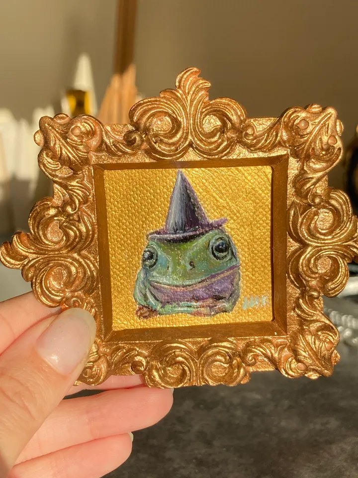 Framed Frog Painting Original Witch Frog Artwork Amphibians Art Tiny Oil Painting
