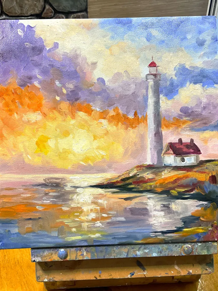 Lighthouse at Sunset โ Original Oil Painting, 12x12 Inches, Coastal Wall Art, Nautical Seascape, Ocean Home Decor