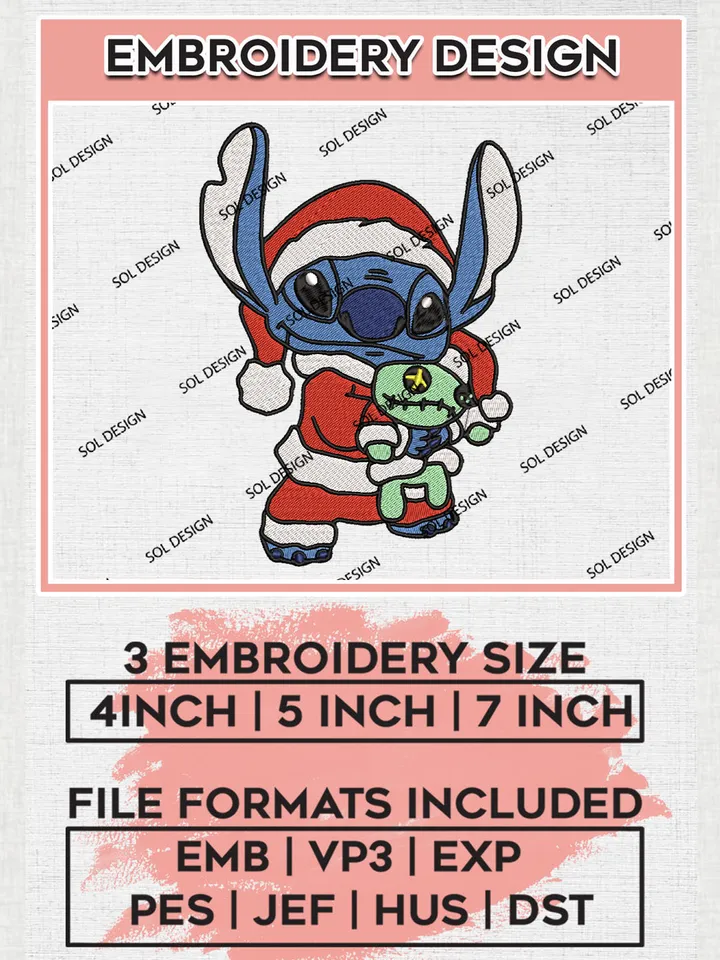 Santa Stitch And Scrump Dolls Embroidery Design Files, Disney Christmas Machine Embroidery, Disneyland Family Holiday, 3 sizes, Cute Christmas Machine embroidery designs, Digital Download